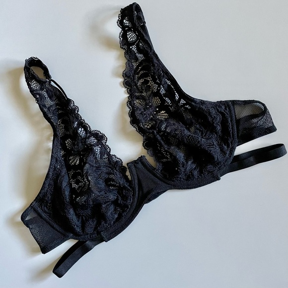Other - Black Strappy Bra Floral Lace Mesh Sides 34C Underwire No Tag Lingerie